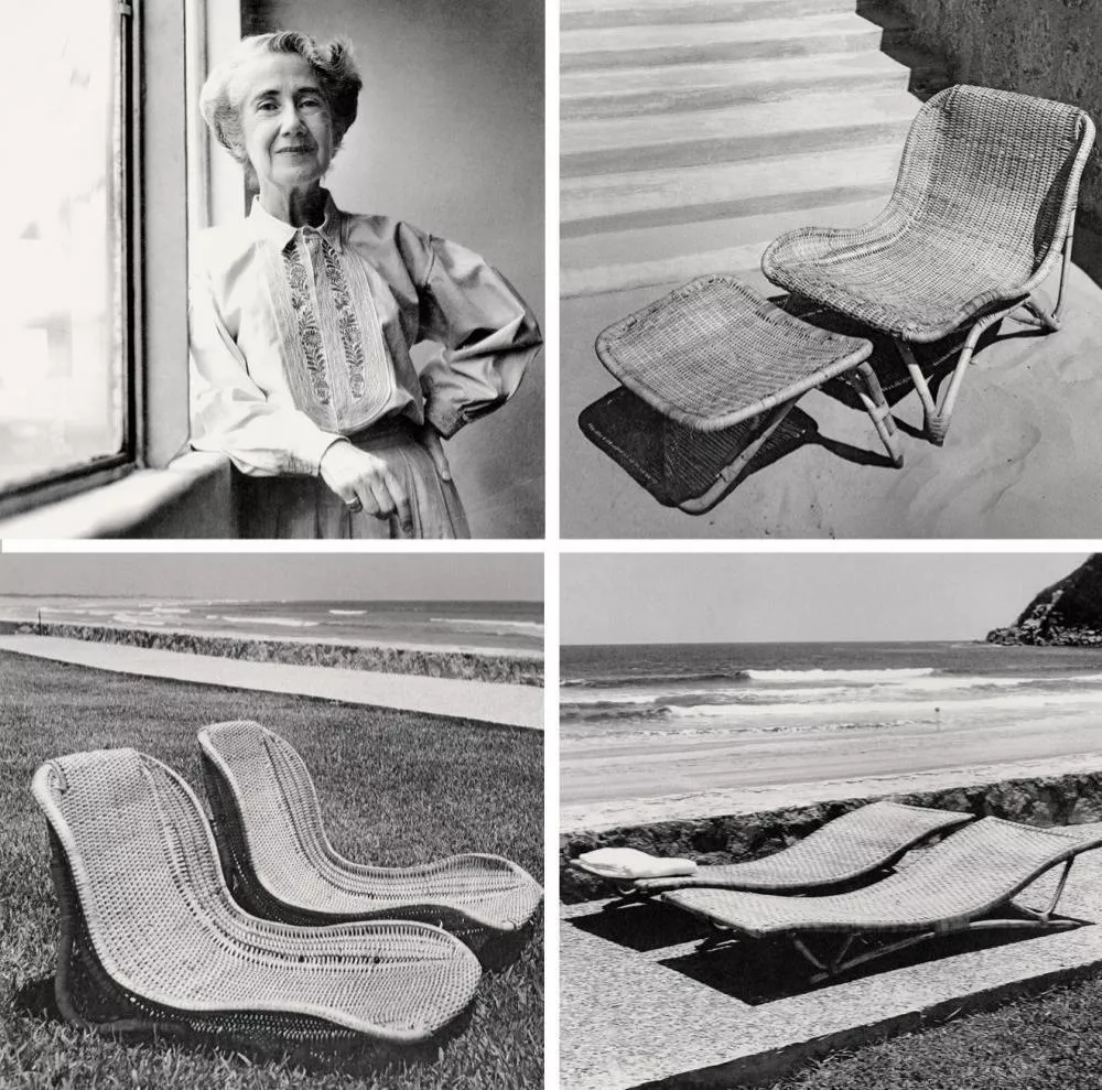 Kuboje gimusi dizainerė Clara Porset (1970 m. portretas); pintas fotelis ir kojų atrama, apdovanoti Milano trienalėje 1957 m.; paplūdimio gultai ir šezlongai paplūdimiams ir sodams.